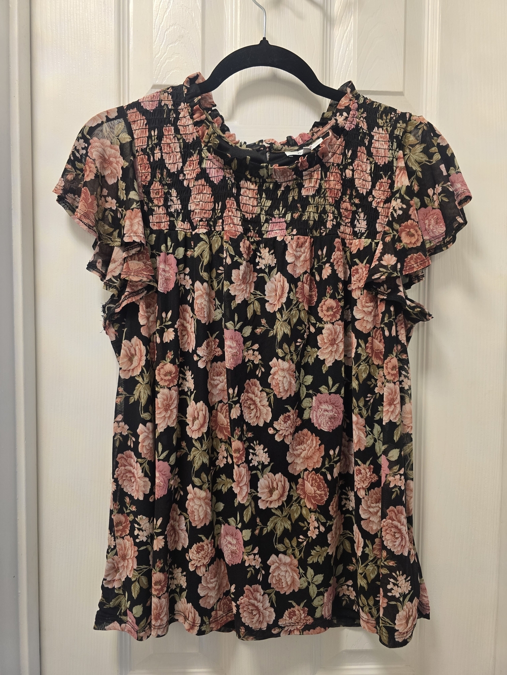 Women’s Black Floral Smocked Ruffle Sleeve Blouse - Pink Rose Print